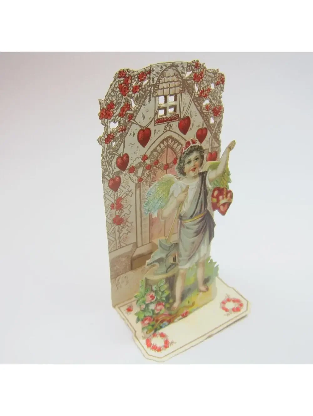 Vintage Valentine Pull Down Die Cut Stand Up Angel Boy Wings Toga Hammer & Anvil